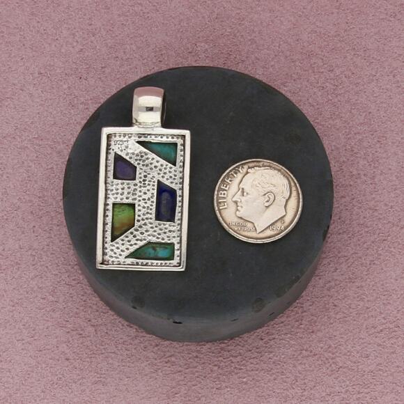 sterling silver lapis turquoise gaspeite inlay pendant - Picture 3 of 3